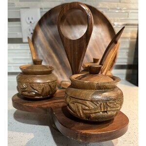 Vintage Hand Carved In The Philippines Condiment Set. With Caddy